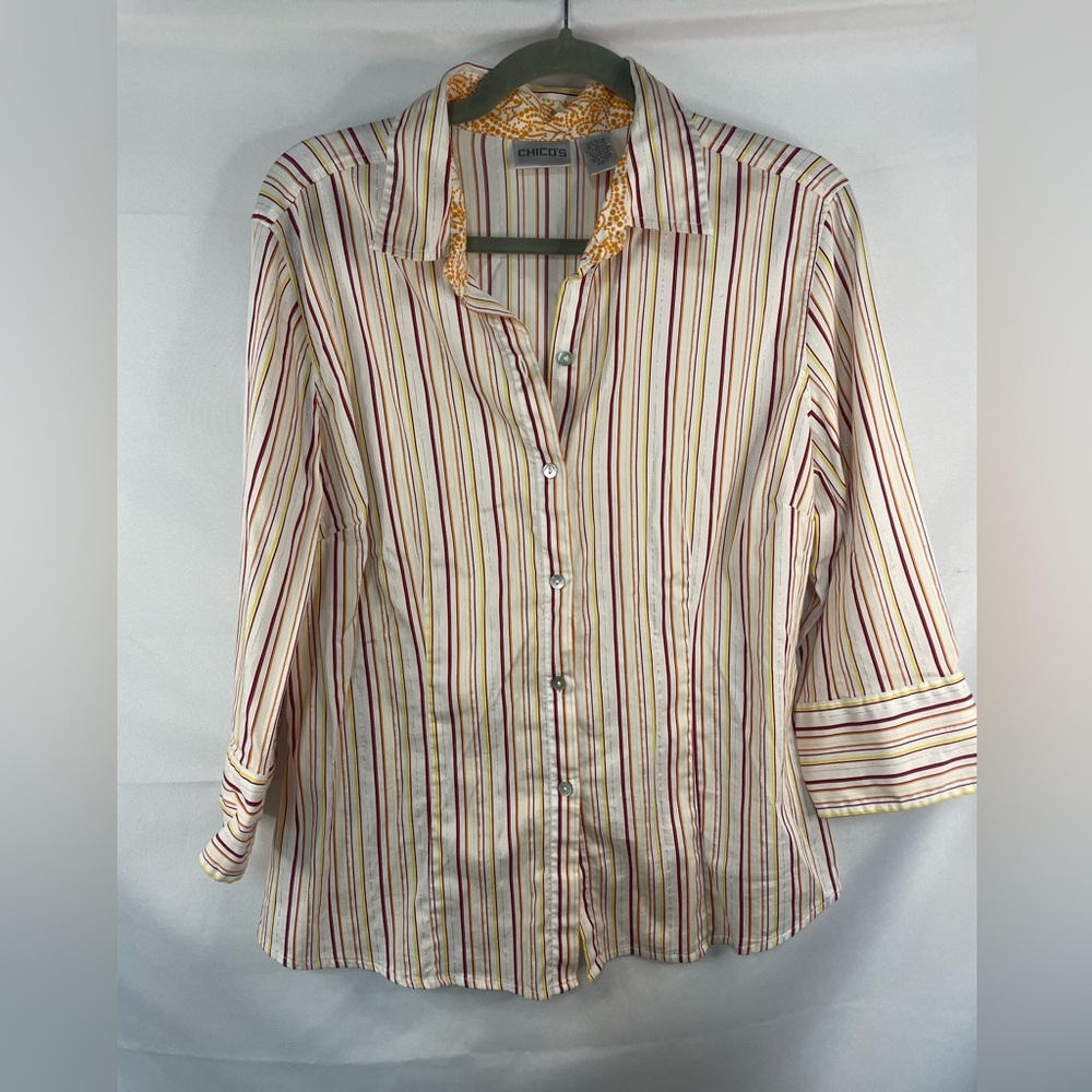 Chicos colorful striped button down, very light weight with a little stretch.